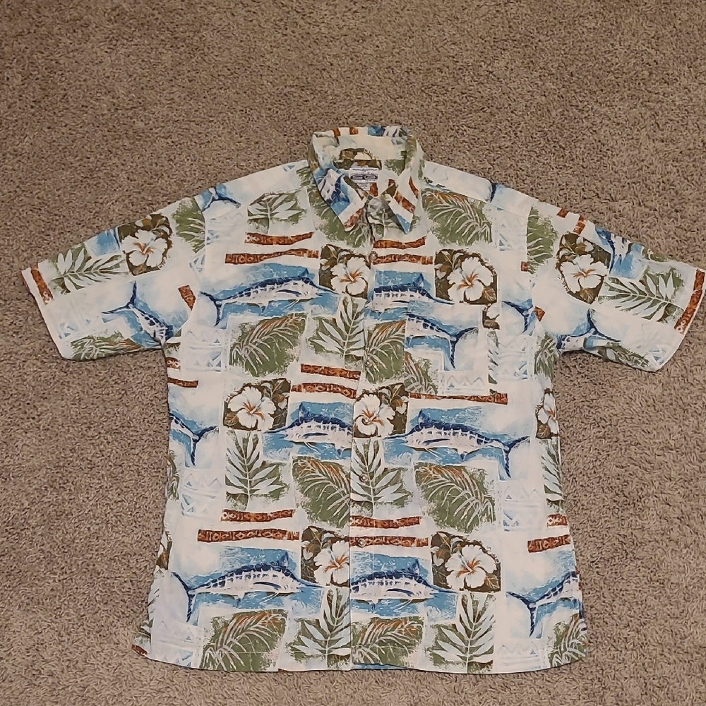 Mens Large Cotton Hook & Tackle Casual Button Down Blue Marlin Hawaiian Fishing